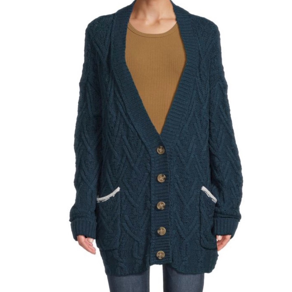 Free People Dark Teal Montana Cable Knit Cardigan XL - Picture 6 of 6